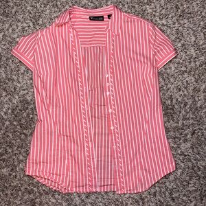 Apt. 9 Coral Pink and White Striped Short-Sleeve Button-Front Top